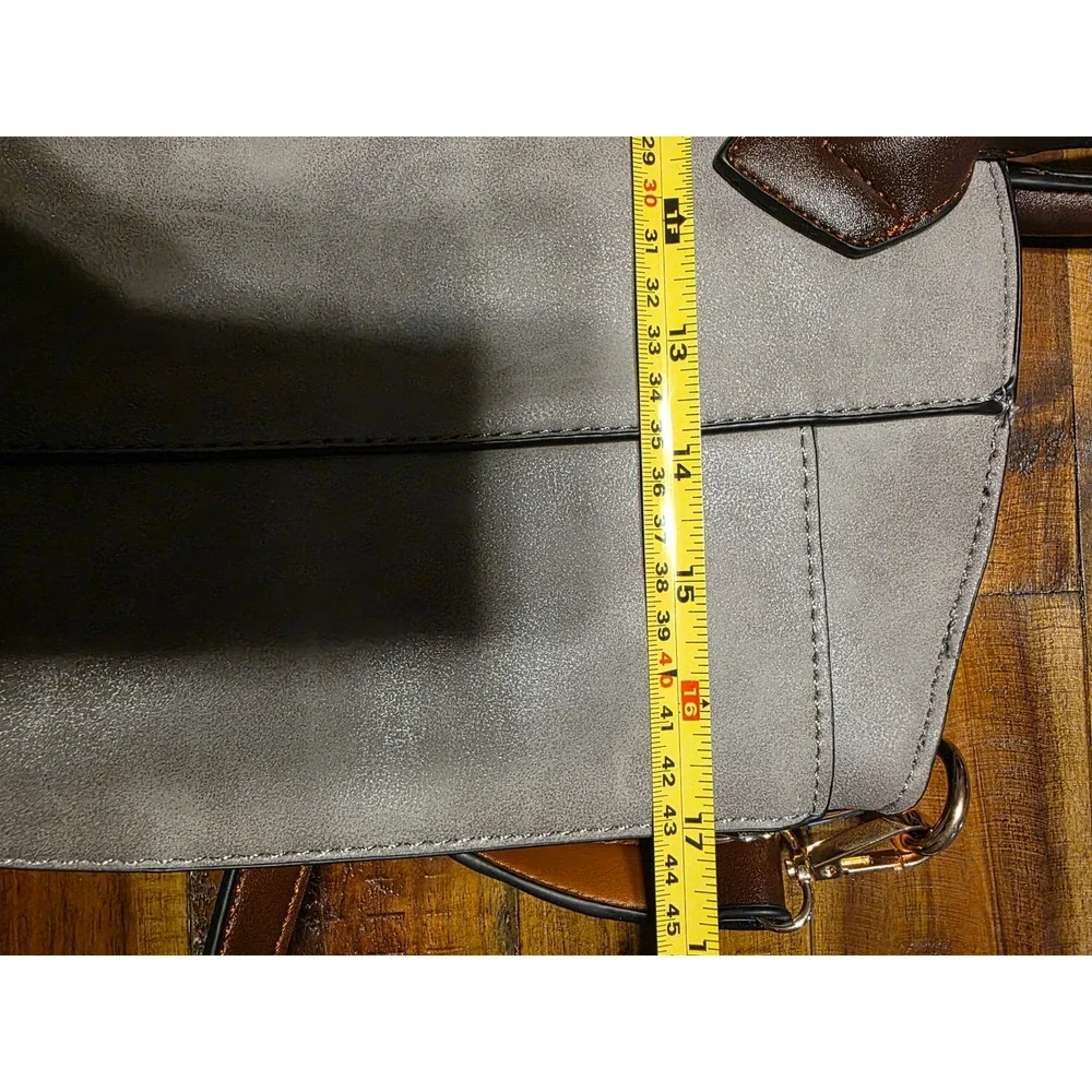 832 Kathy Ireland Grey Brown Faux Leather Satchel Crossbody Bag Gold Hardware